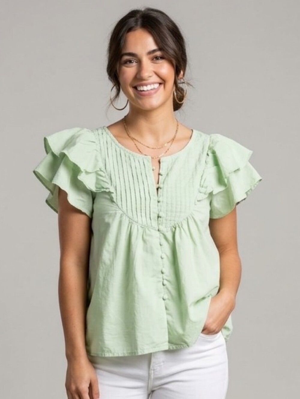 Ivy City Co Mint Green Pintuck Ruffle Sleeve Blouse